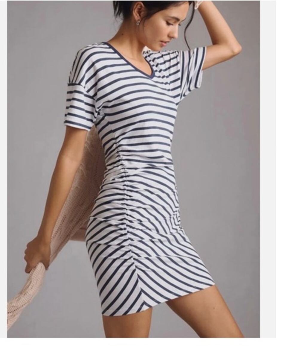 Sundry Anthropologie 3 Striped T-Shirt Asymmetrical Side Ruching Dress Coastal
